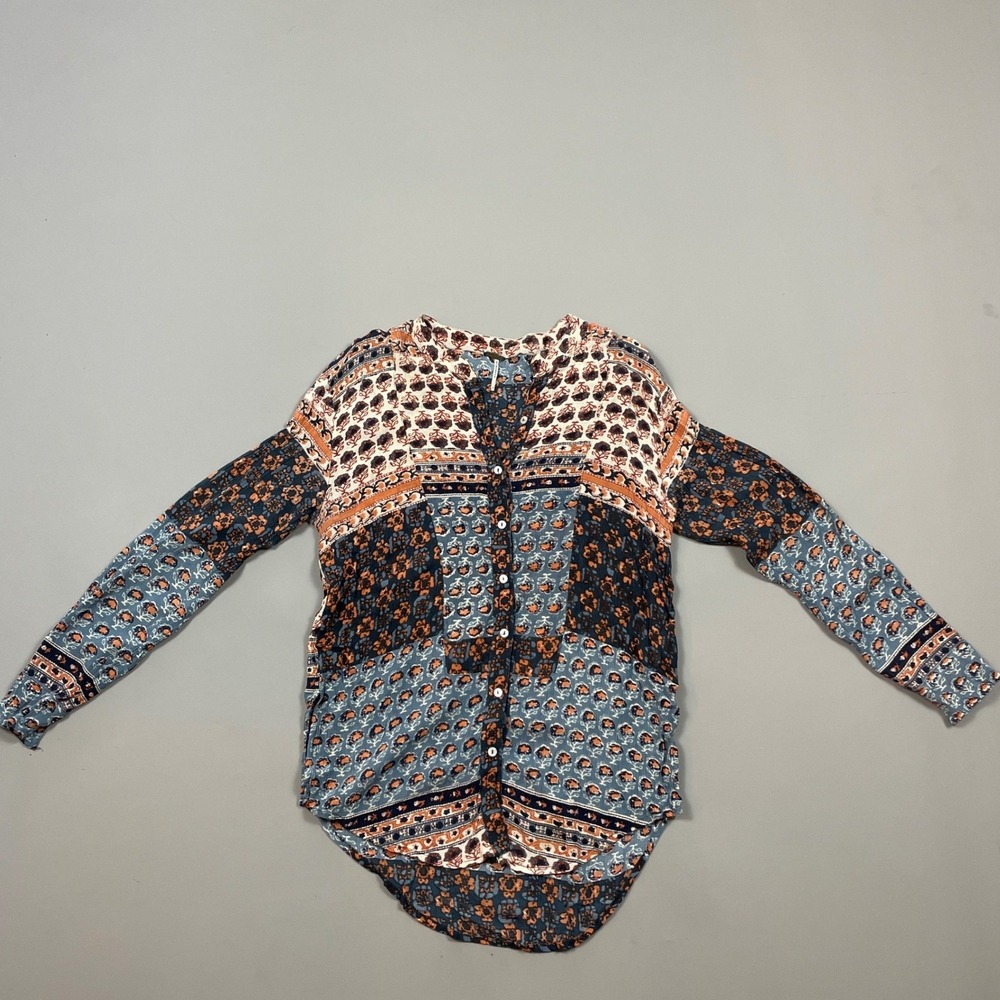Free People Mixed Floral Patchwork Button Down Blouse Blue Orange Boho Rayon Top
